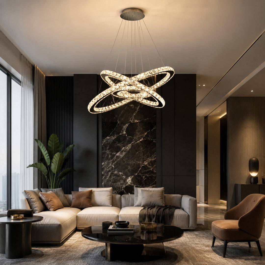 Modern Crystal Chandelier Adjustable Multi-Ring LED Hanging Light Fixture for Dining Room