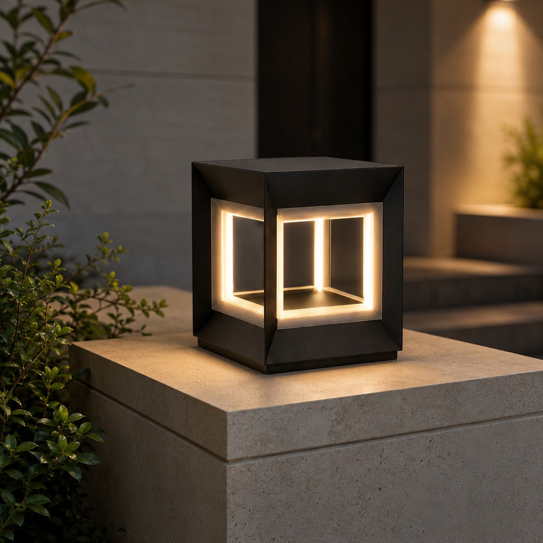Modern Outdoor Post Light Rectangular Stainless Steel Waterproof LED Solar Hardwired