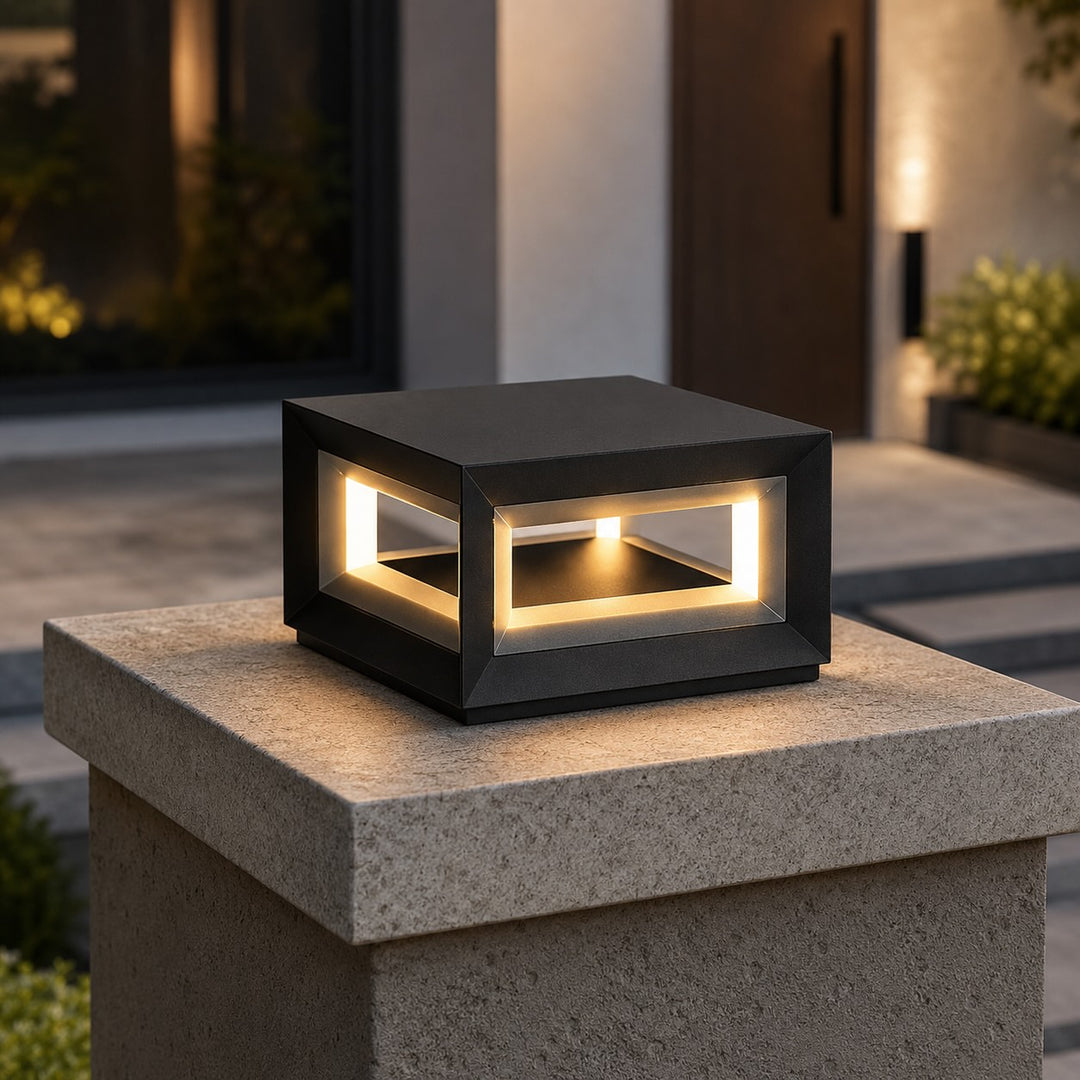 Modern Outdoor Post Light Rectangular Stainless Steel Waterproof LED Solar Hardwired
