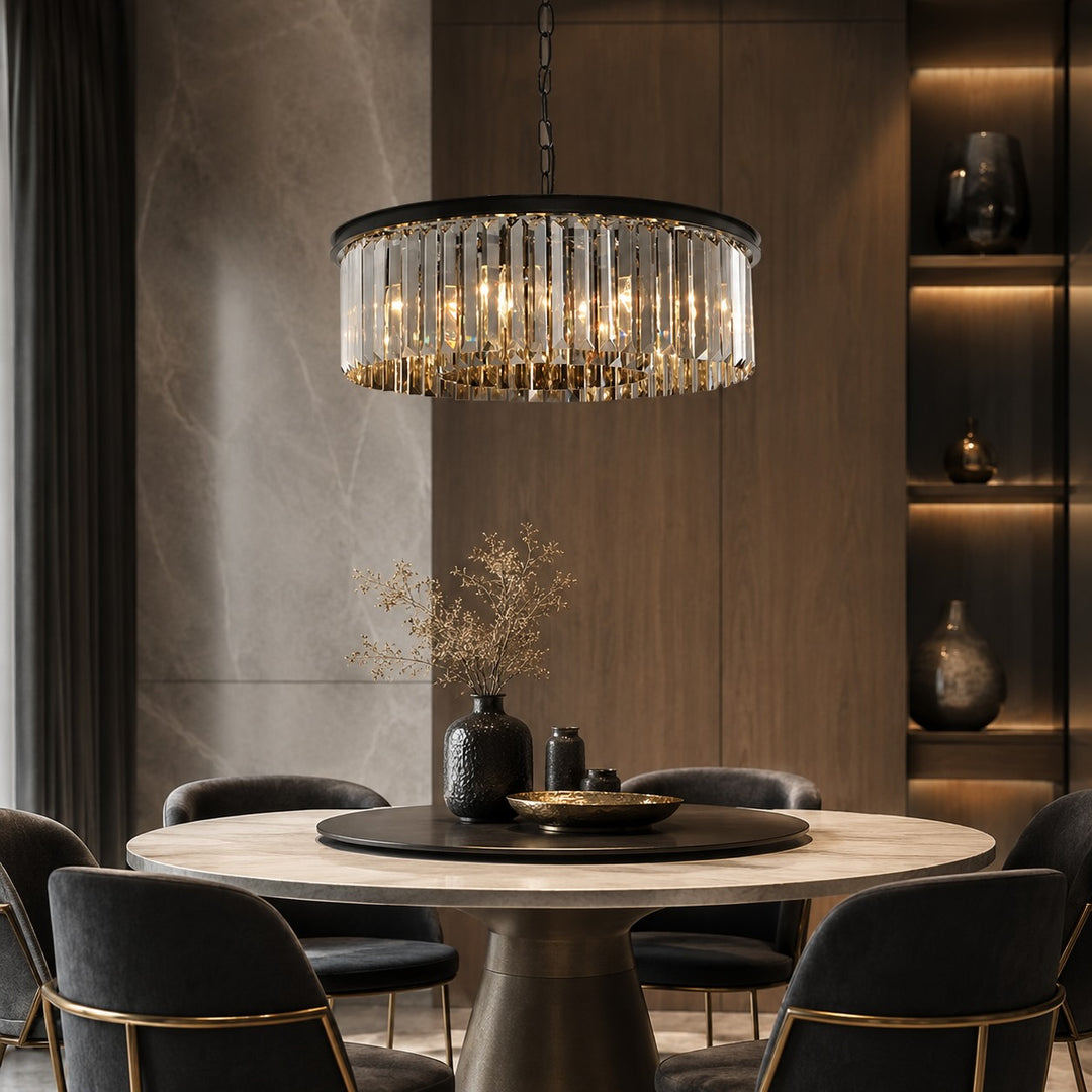 Modern Black Chandelier Pendant Light Adjustable Metal K9 Crystal 15 Lights for Elegant Illumination