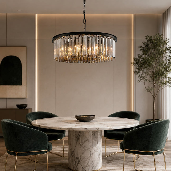 Modern Black Chandelier Pendant Light Adjustable Metal K9 Crystal 15 Lights for Elegant Illumination