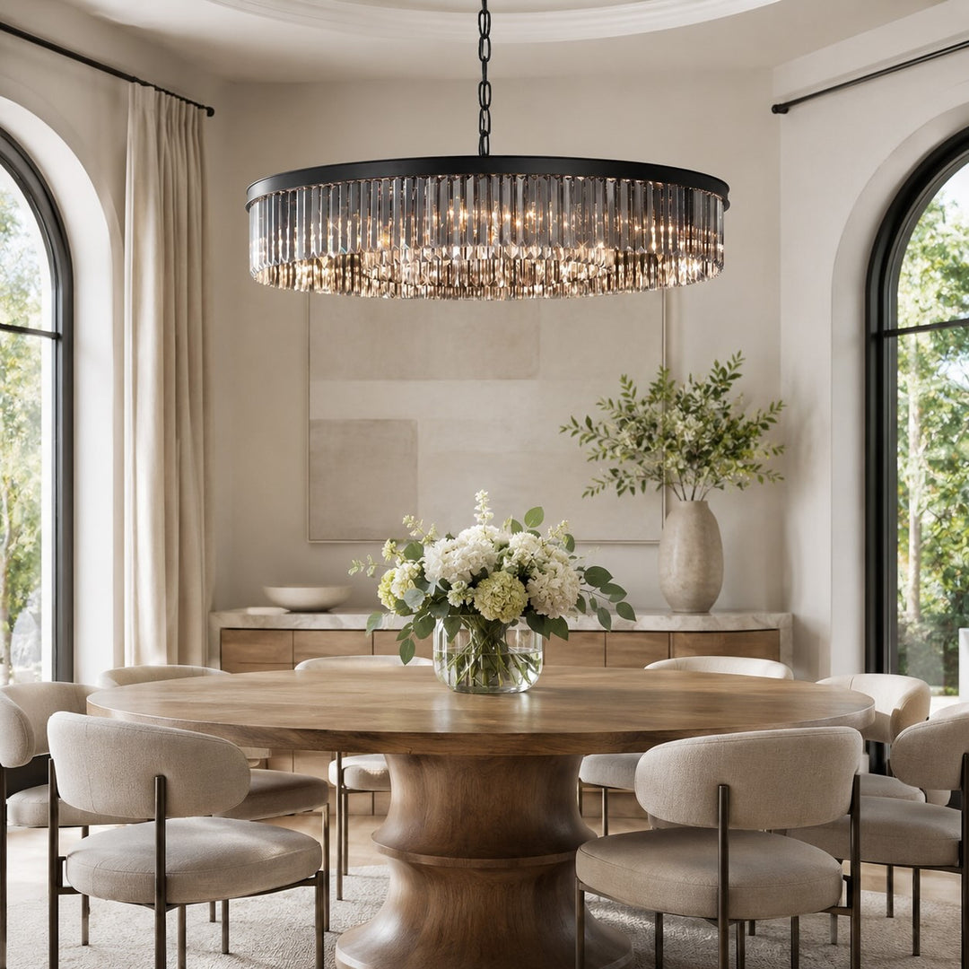 Modern Black Chandelier Pendant Light Adjustable Metal K9 Crystal 15 Lights for Elegant Illumination