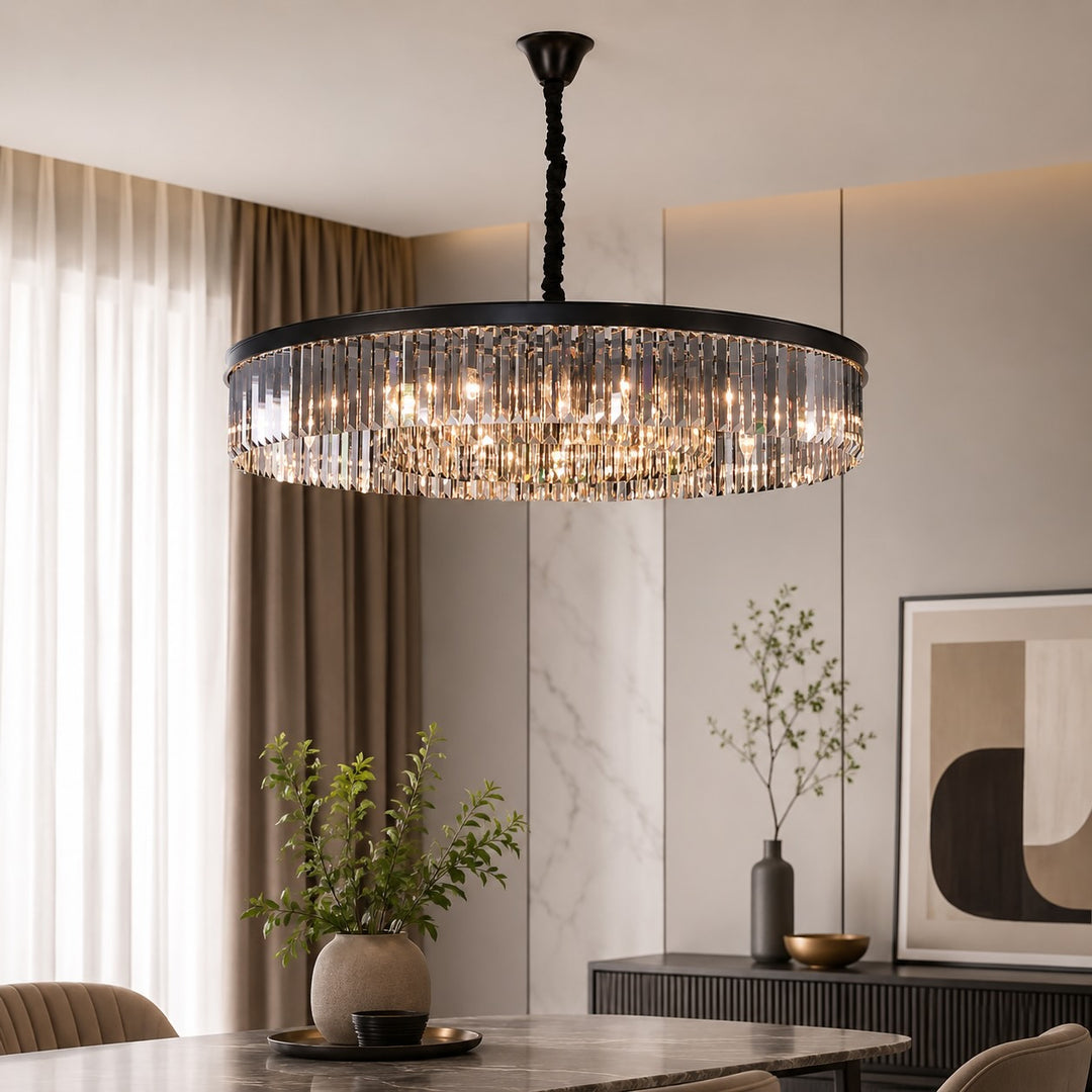 Modern Black Chandelier Pendant Light Adjustable Metal K9 Crystal 15 Lights for Elegant Illumination