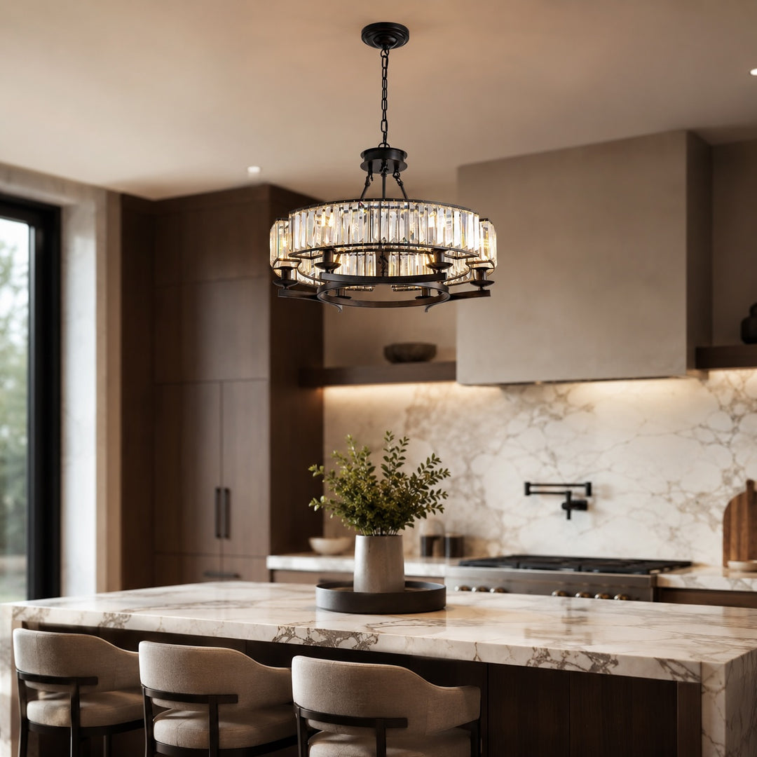Rustic Crystal Chandelier Adjustable Hanging Light Metal Fixture for Dining Room Kitchen