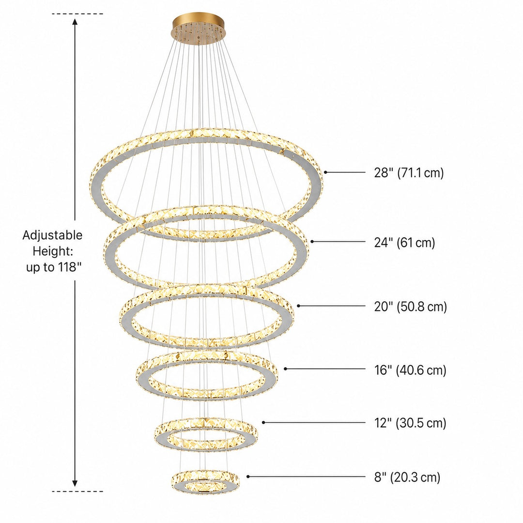 Modern Crystal Chandelier Adjustable Multi-Ring LED Hanging Light Fixture for Dining Room