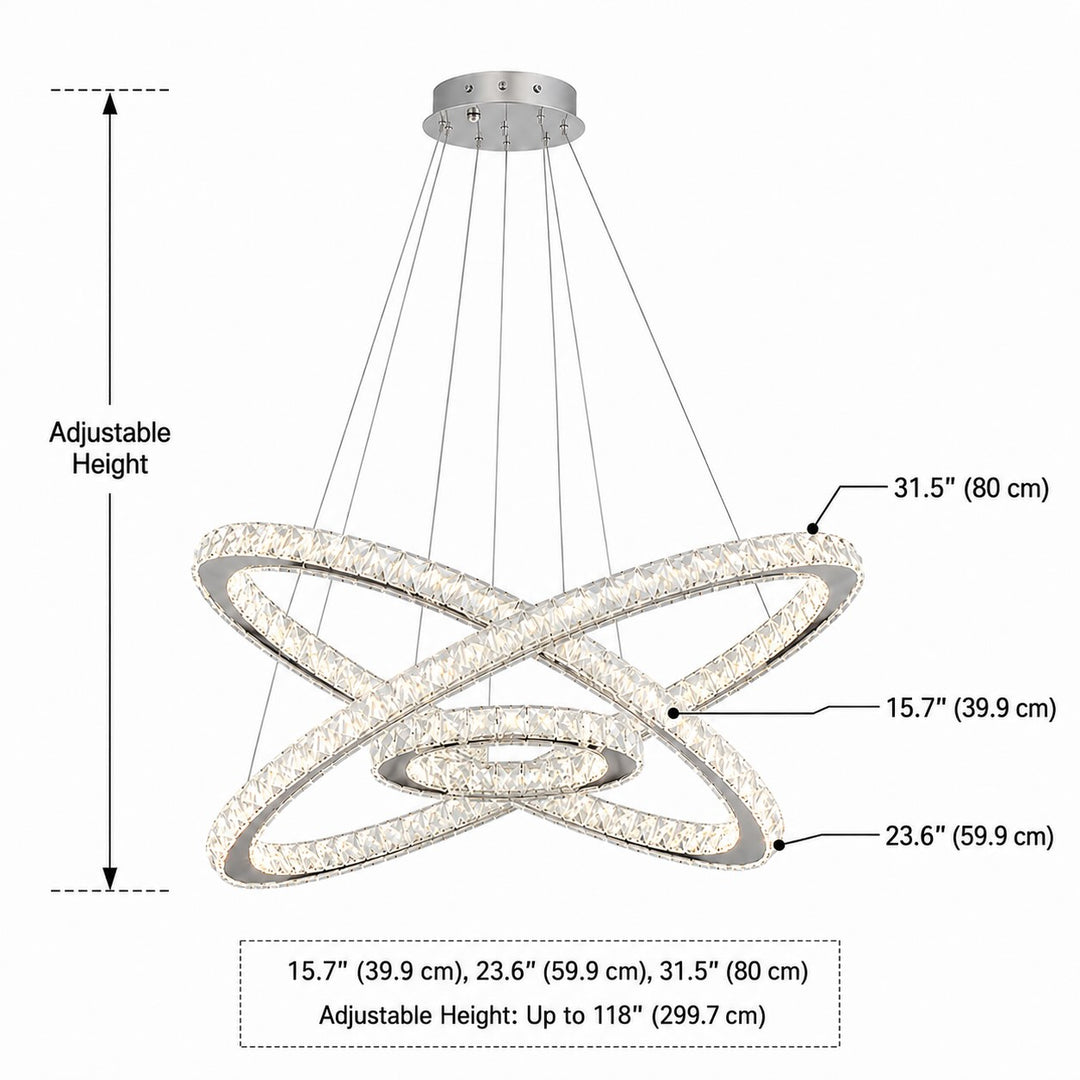 Modern Crystal Chandelier Adjustable Multi-Ring LED Hanging Light Fixture for Dining Room