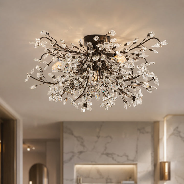 Modern Flush Mount Ceiling Light with Iron Frame and Crystal Floral Design Four E12 Bulbs