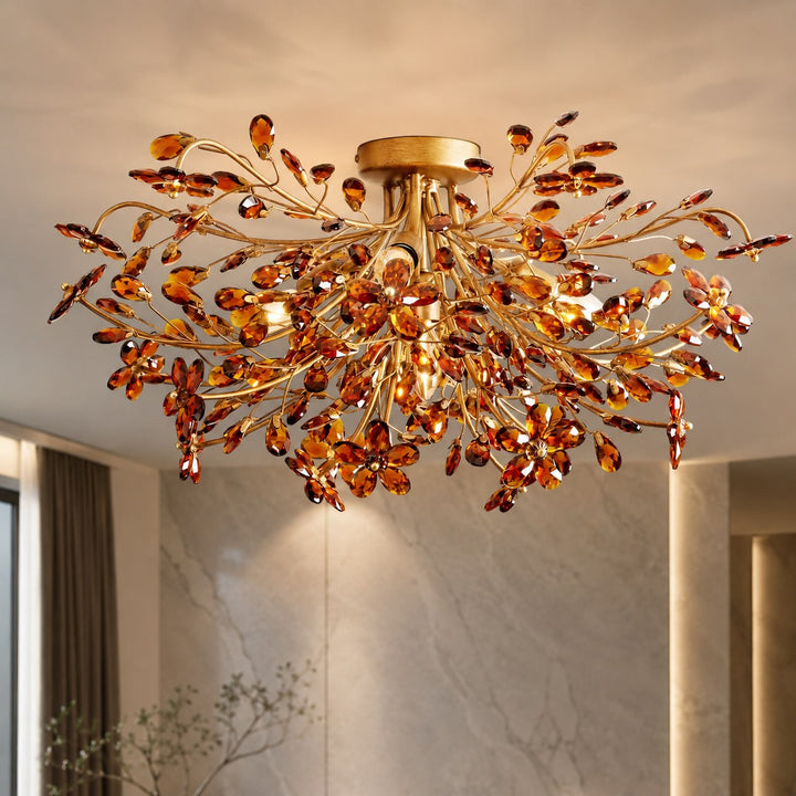 Modern Flush Mount Ceiling Light with Iron Frame and Crystal Floral Design Four E12 Bulbs