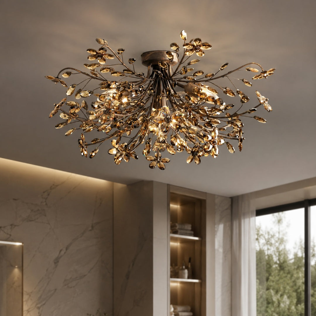 Modern Flush Mount Ceiling Light with Iron Frame and Crystal Floral Design Four E12 Bulbs