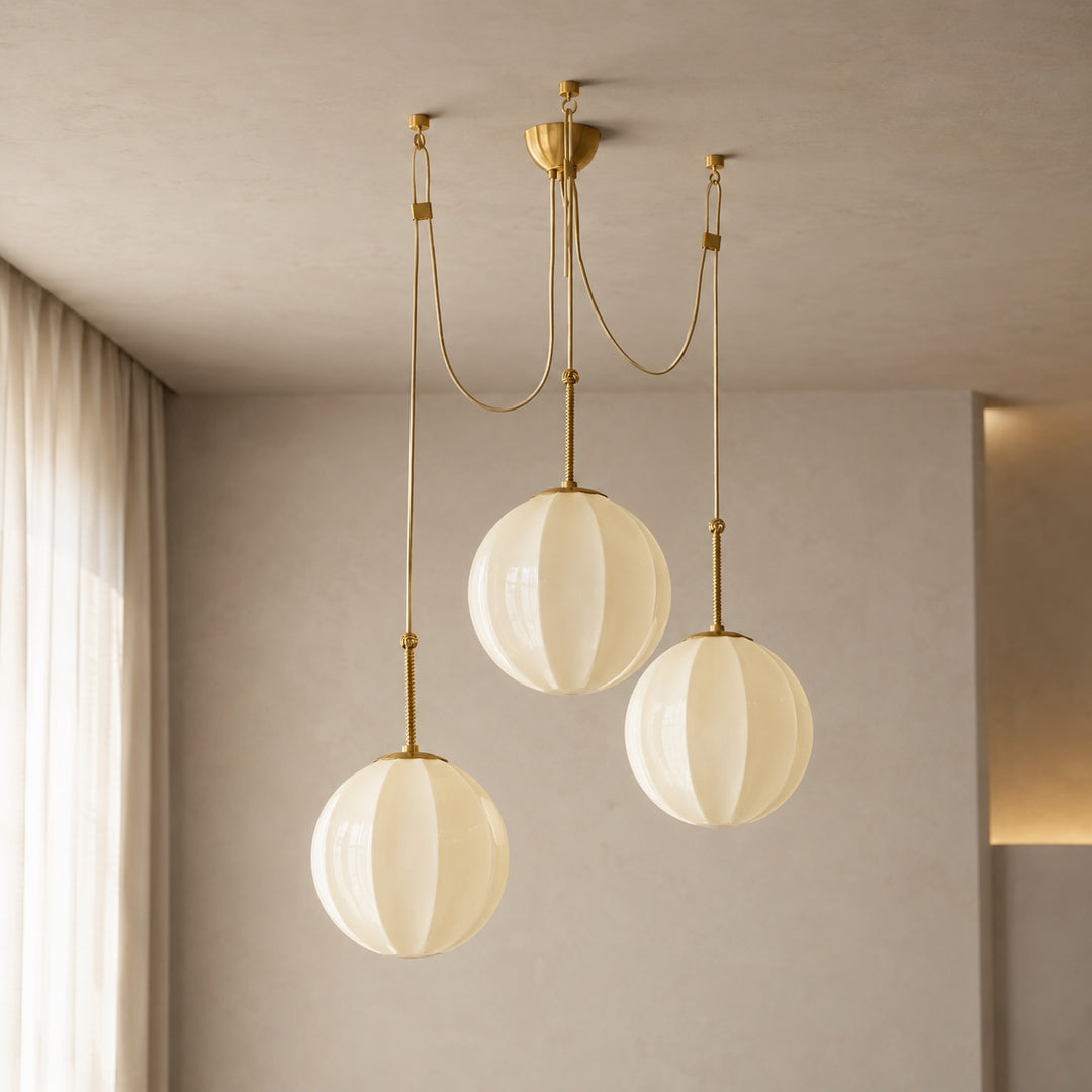 Modern Chandelier Hanging Antique Brass with Cream Glass Shades Adjustable Dimmable Three Socket Design