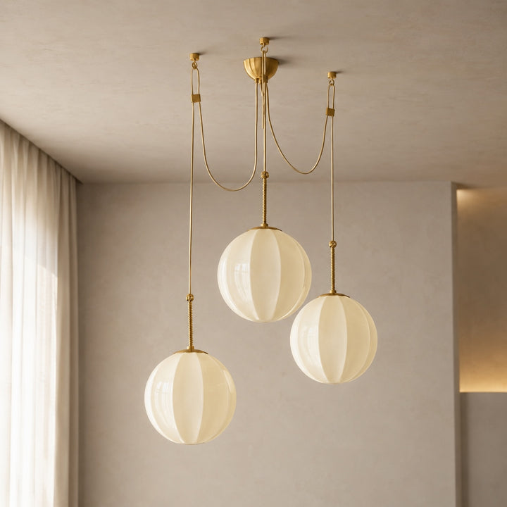 Modern Chandelier Hanging Antique Brass with Cream Glass Shades Adjustable Dimmable Three Socket Design