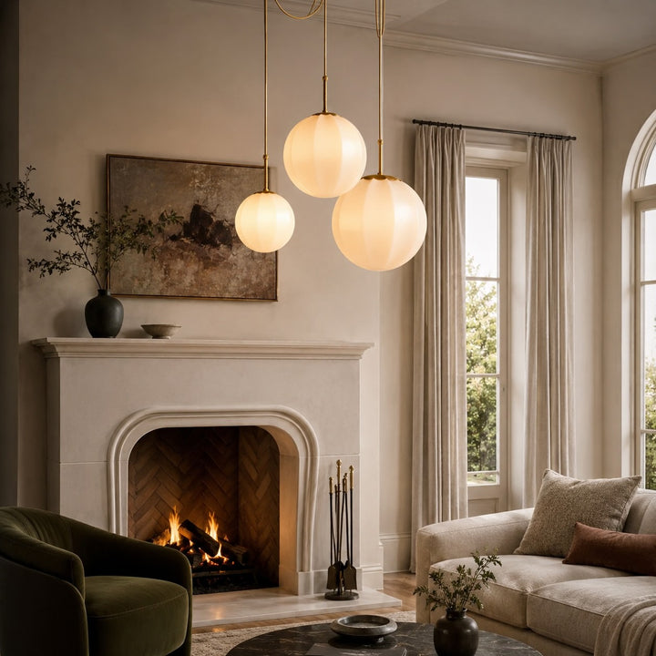 Modern Chandelier Hanging Antique Brass with Cream Glass Shades Adjustable Dimmable Three Socket Design