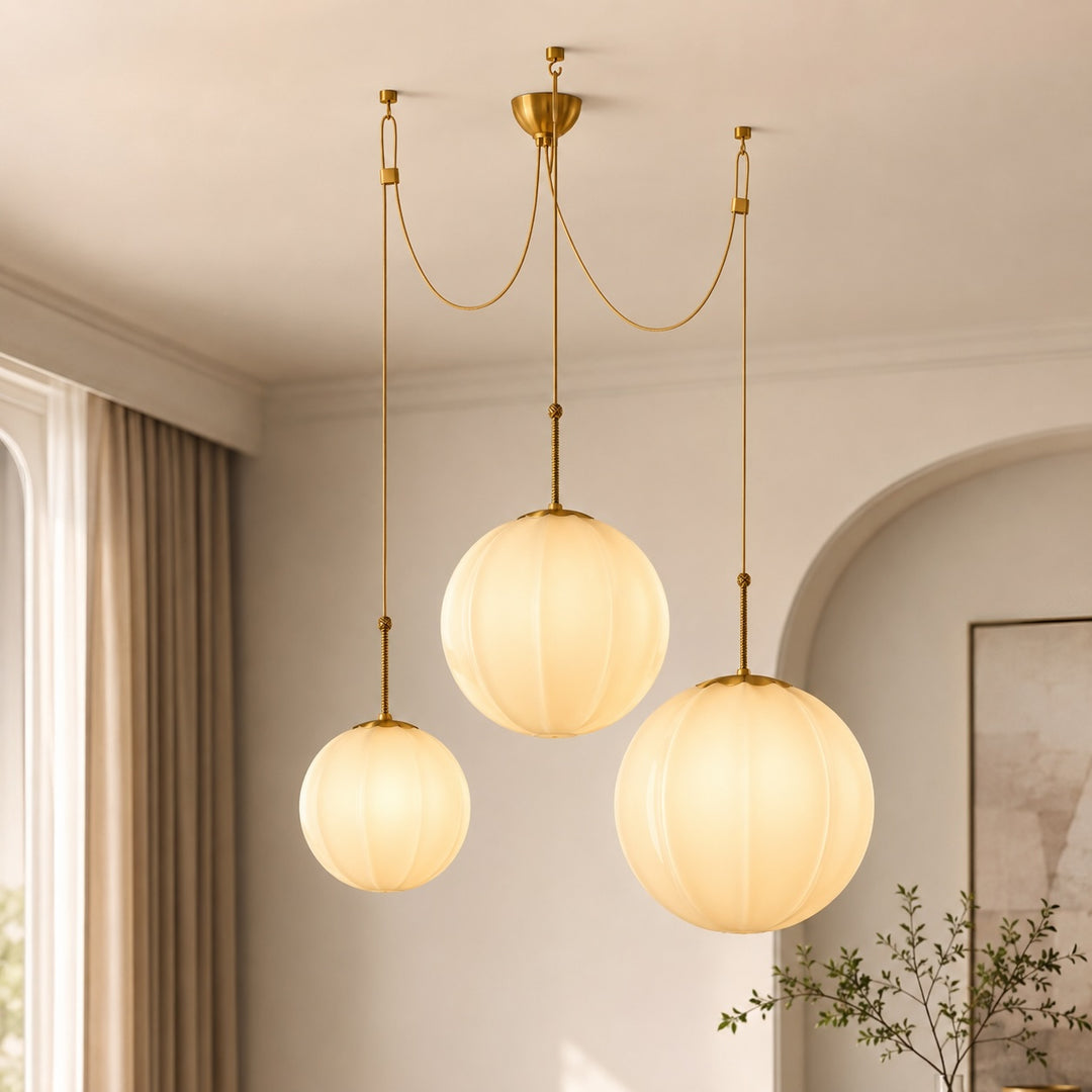 Modern Chandelier Hanging Antique Brass with Cream Glass Shades Adjustable Dimmable Three Socket Design