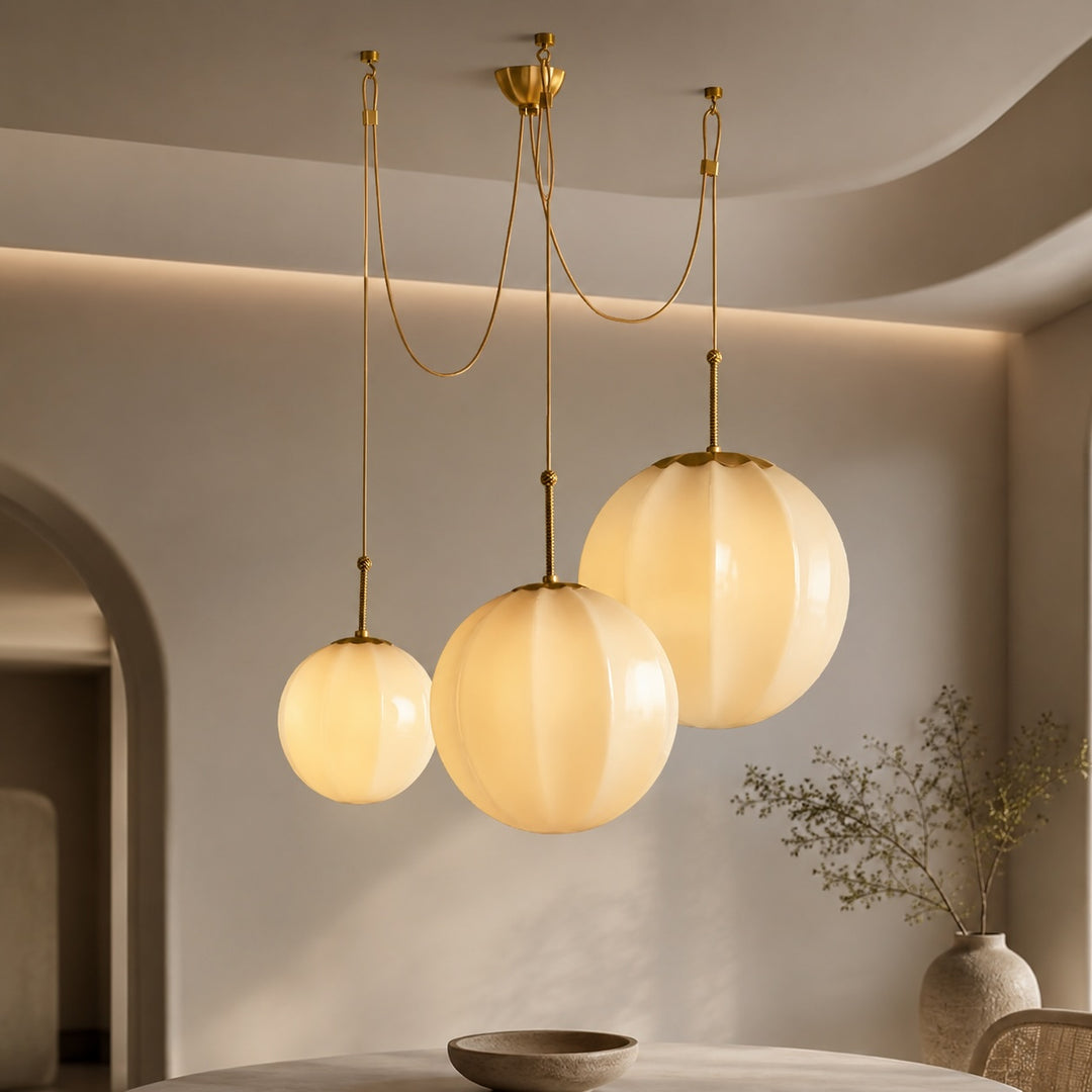 Modern Chandelier Hanging Antique Brass with Cream Glass Shades Adjustable Dimmable Three Socket Design