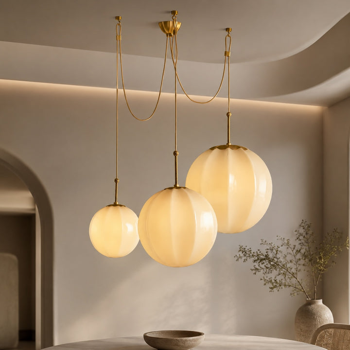 Modern Chandelier Hanging Antique Brass with Cream Glass Shades Adjustable Dimmable Three Socket Design