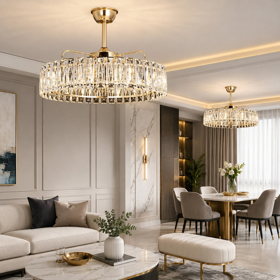 Modern Ceiling Fan Light Crystal Shade Flush Mount Metal Dimmable E12 Bulbs Adjustable Speed