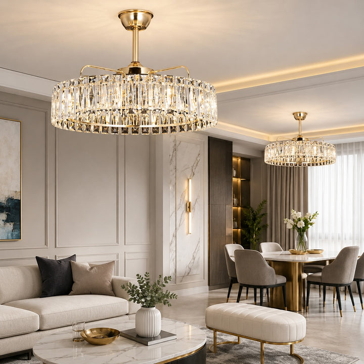 Modern Ceiling Fan Light Crystal Shade Flush Mount Metal Dimmable E12 Bulbs Adjustable Speed