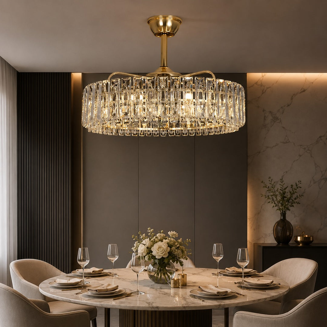 Modern Ceiling Fan Light Crystal Shade Flush Mount Metal Dimmable E12 Bulbs Adjustable Speed
