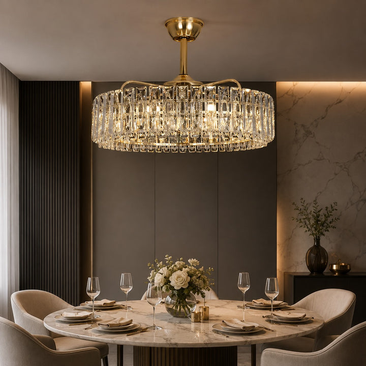 Modern Ceiling Fan Light Crystal Shade Flush Mount Metal Dimmable E12 Bulbs Adjustable Speed