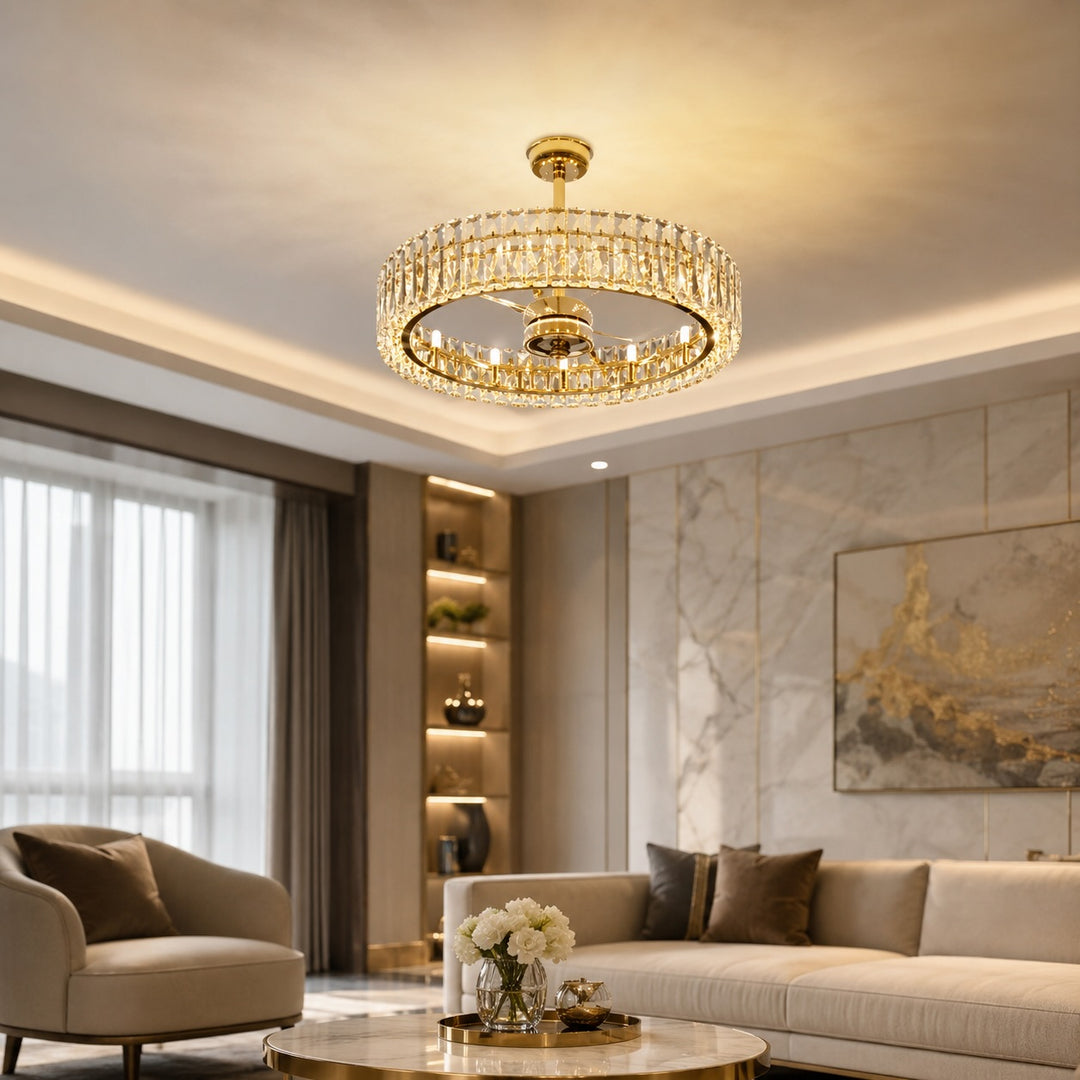 Modern Ceiling Fan Light Crystal Shade Flush Mount Metal Dimmable E12 Bulbs Adjustable Speed
