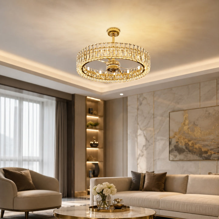 Modern Ceiling Fan Light Crystal Shade Flush Mount Metal Dimmable E12 Bulbs Adjustable Speed