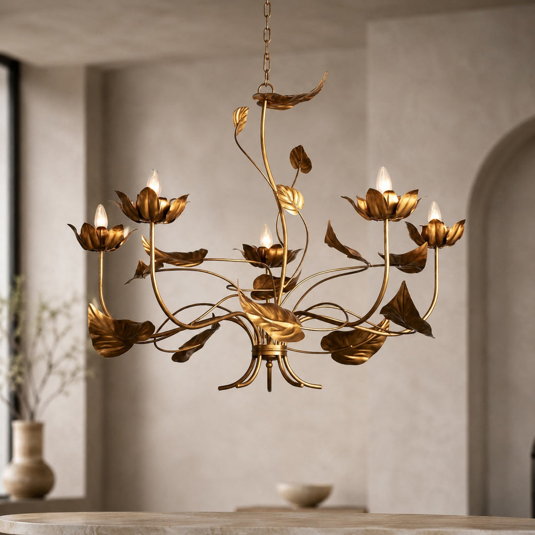 Modern Chandelier Light Adjustable Hanging Iron Fixture with Antiqued Gold Finish and LED Bulbs