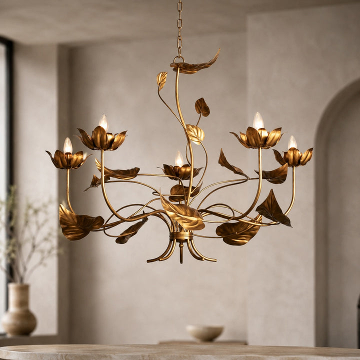 Modern Chandelier Light Adjustable Hanging Iron Fixture with Antiqued Gold Finish and LED Bulbs