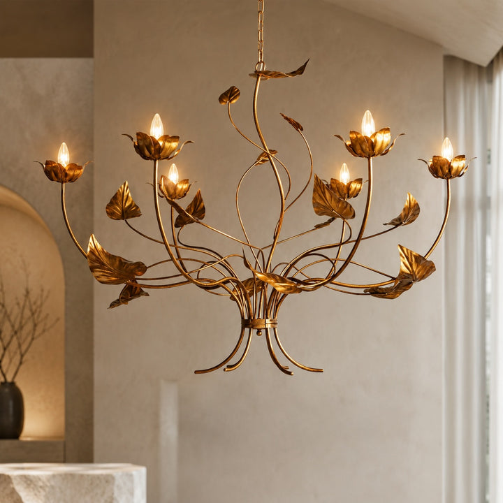 Modern Chandelier Light Adjustable Hanging Iron Fixture with Antiqued Gold Finish and LED Bulbs