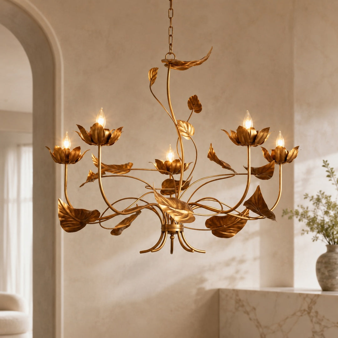Modern Chandelier Light Adjustable Hanging Iron Fixture with Antiqued Gold Finish and LED Bulbs