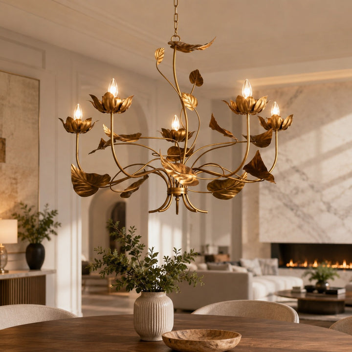 Modern Chandelier Light Adjustable Hanging Iron Fixture with Antiqued Gold Finish and LED Bulbs