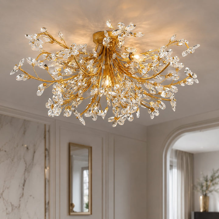 Modern Flush Mount Ceiling Light with Iron Frame and Crystal Floral Design Four E12 Bulbs