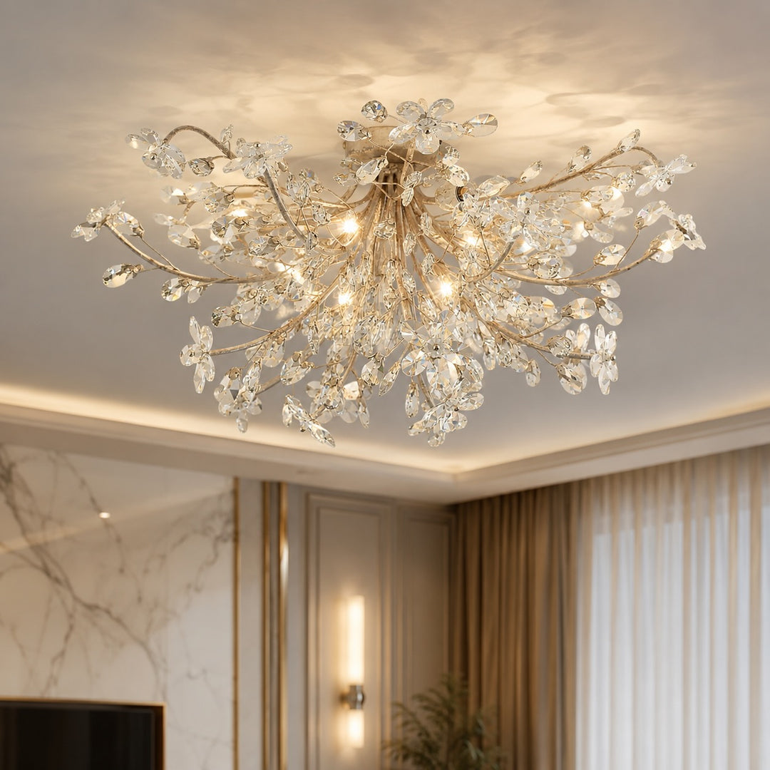 Modern Flush Mount Ceiling Light with Iron Frame and Crystal Floral Design Four E12 Bulbs