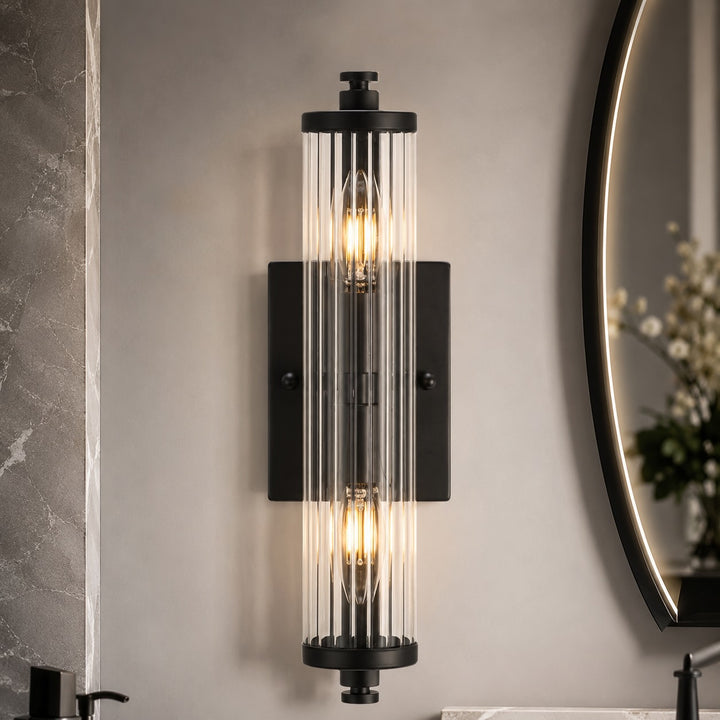 Vintage Wall Light Ribbed Glass Shade Wall Mounted Metal Fixture Adjustable Sconce