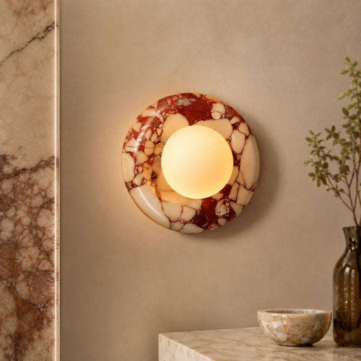Modern Wall Sconce LED Lighting Fixture with Red Marble Finish and Metal Structure