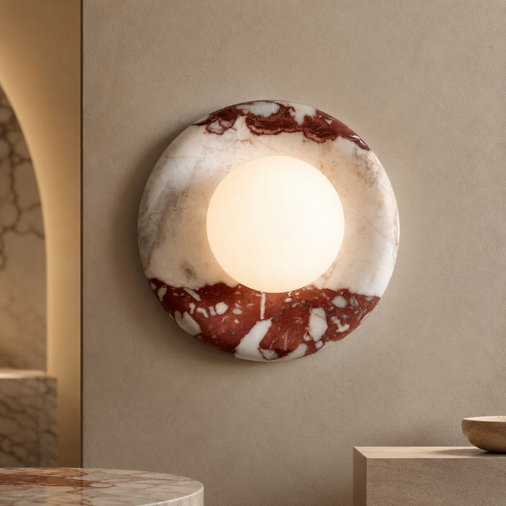 Modern Wall Sconce LED Lighting Fixture with Red Marble Finish and Metal Structure