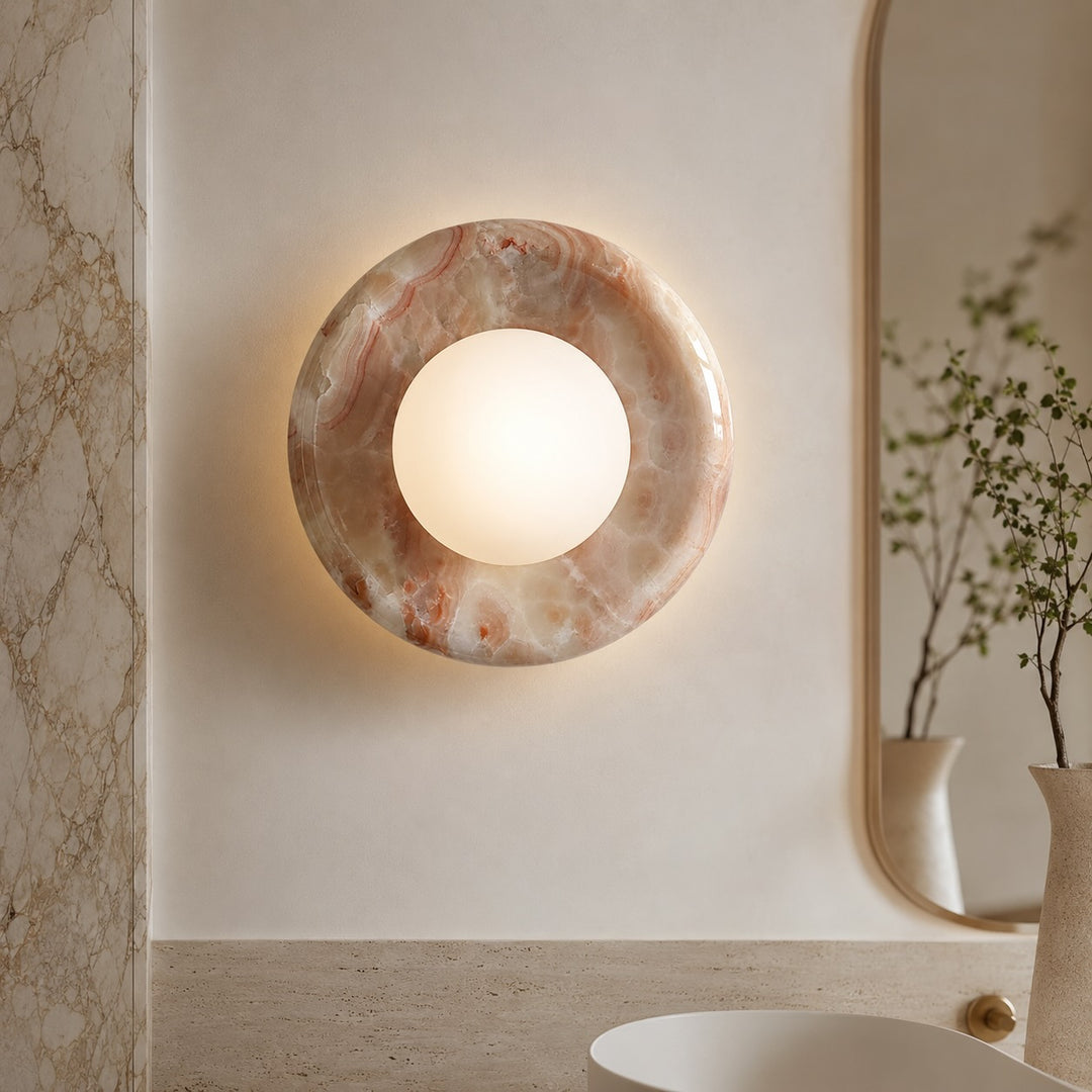 Modern Wall Sconce LED Lighting Fixture with Red Marble Finish and Metal Structure