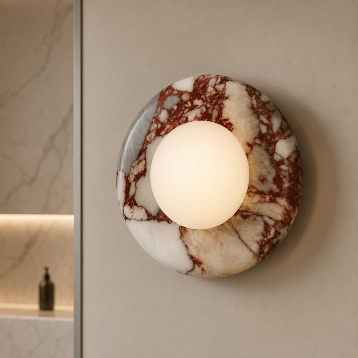 Modern Wall Sconce LED Lighting Fixture with Red Marble Finish and Metal Structure