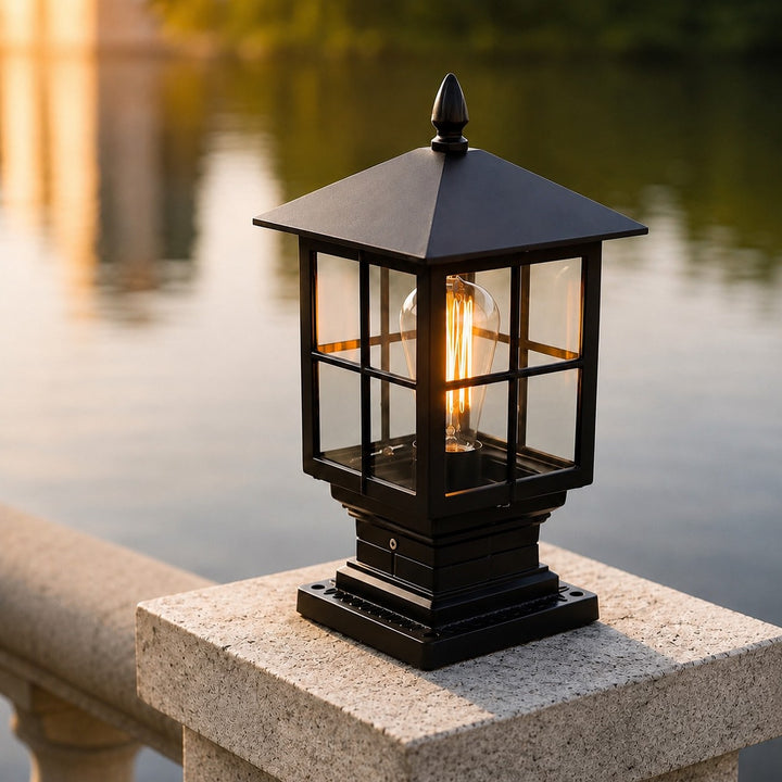 Outdoor Pillar Light Traditional Style Dual Power Aluminum Alloy Glass Waterproof LED