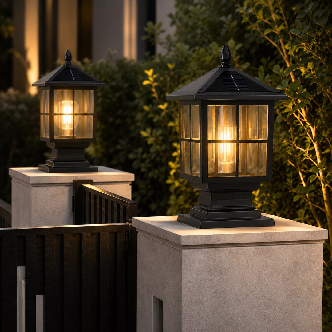 Outdoor Pillar Light Traditional Style Dual Power Aluminum Alloy Glass Waterproof LED
