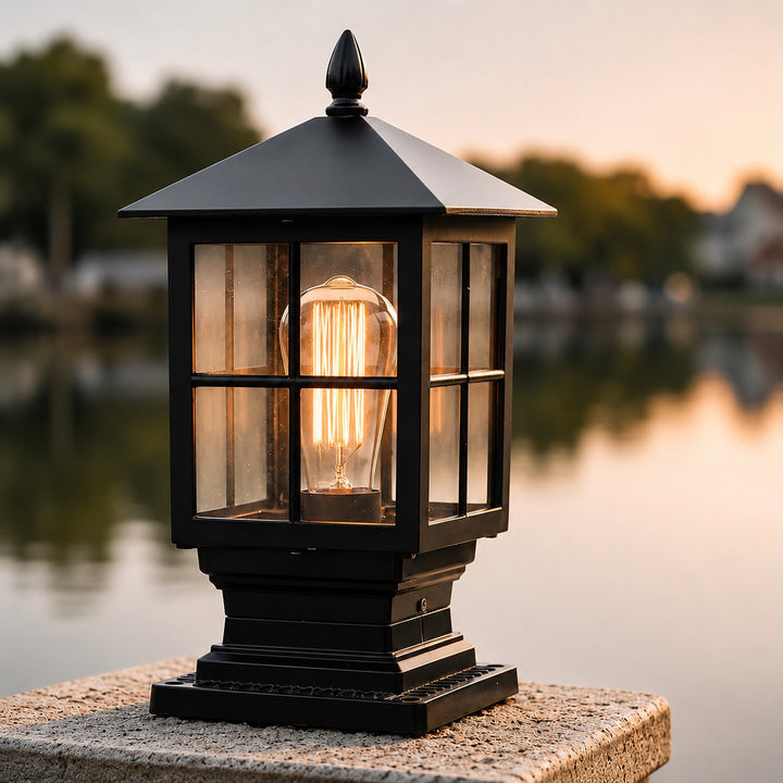 Outdoor Pillar Light Traditional Style Dual Power Aluminum Alloy Glass Waterproof LED