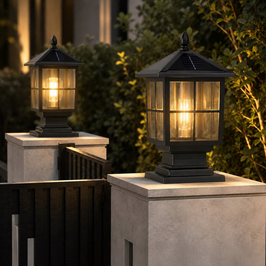 Outdoor Pillar Light Traditional Style Dual Power Aluminum Alloy Glass Waterproof LED