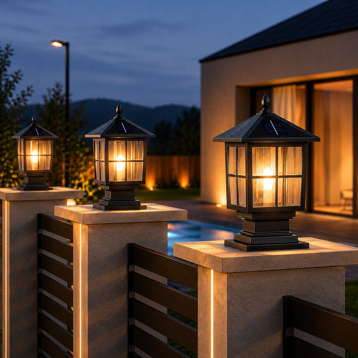 Outdoor Pillar Light Traditional Style Dual Power Aluminum Alloy Glass Waterproof LED