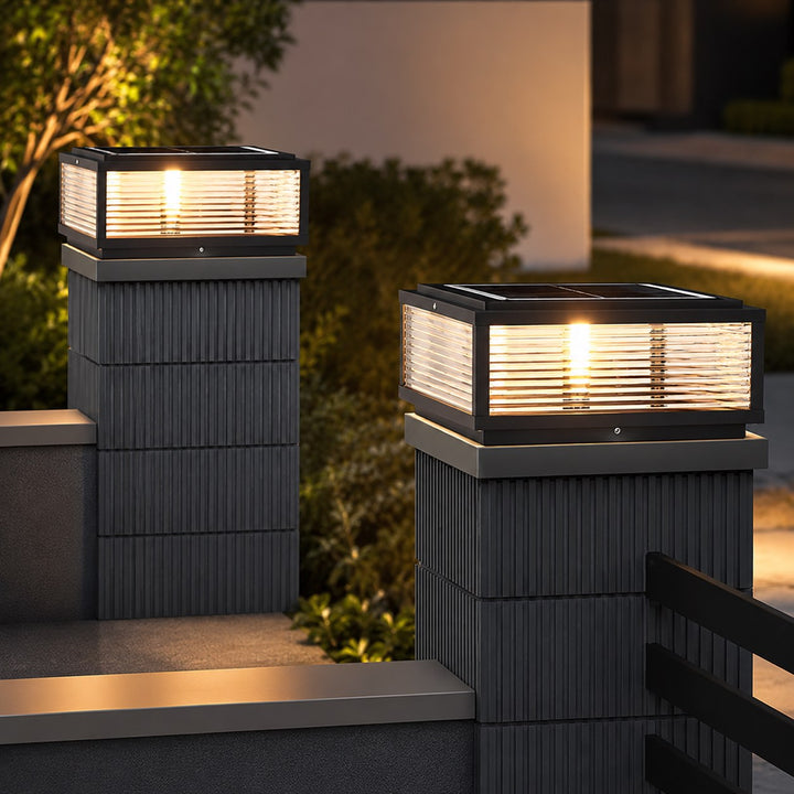 Modern Outdoor Pillar Light Solar Powered Adjustable Die-Cast Aluminum Ribbed Glass LED