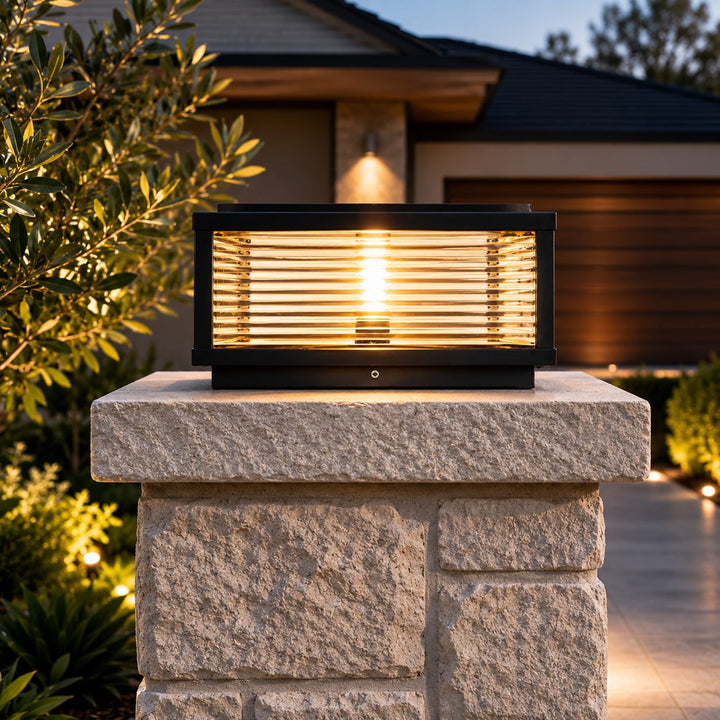 Modern Outdoor Pillar Light Solar Powered Adjustable Die-Cast Aluminum Ribbed Glass LED