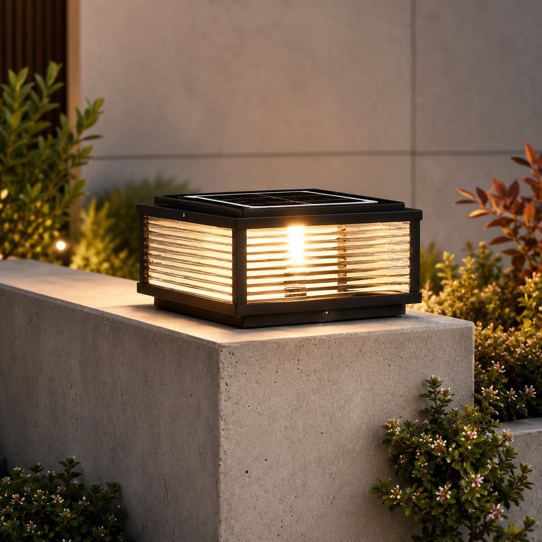 Modern Outdoor Pillar Light Solar Powered Adjustable Die-Cast Aluminum Ribbed Glass LED