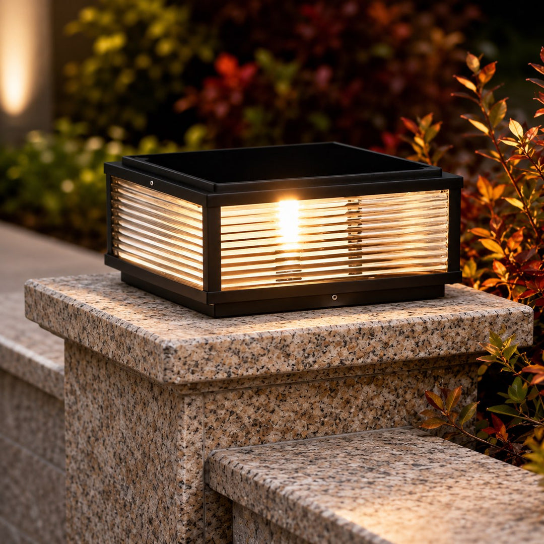 Modern Outdoor Pillar Light Solar Powered Adjustable Die-Cast Aluminum Ribbed Glass LED