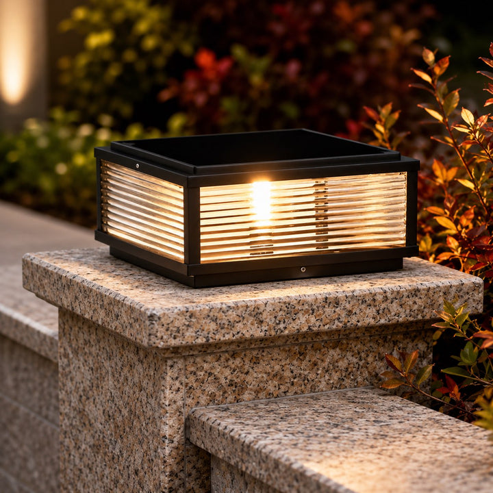 Modern Outdoor Pillar Light Solar Powered Adjustable Die-Cast Aluminum Ribbed Glass LED