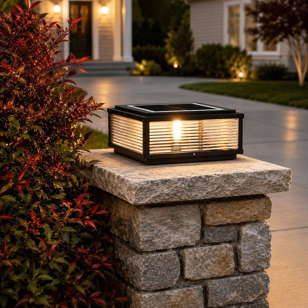 Modern Outdoor Pillar Light Solar Powered Adjustable Die-Cast Aluminum Ribbed Glass LED