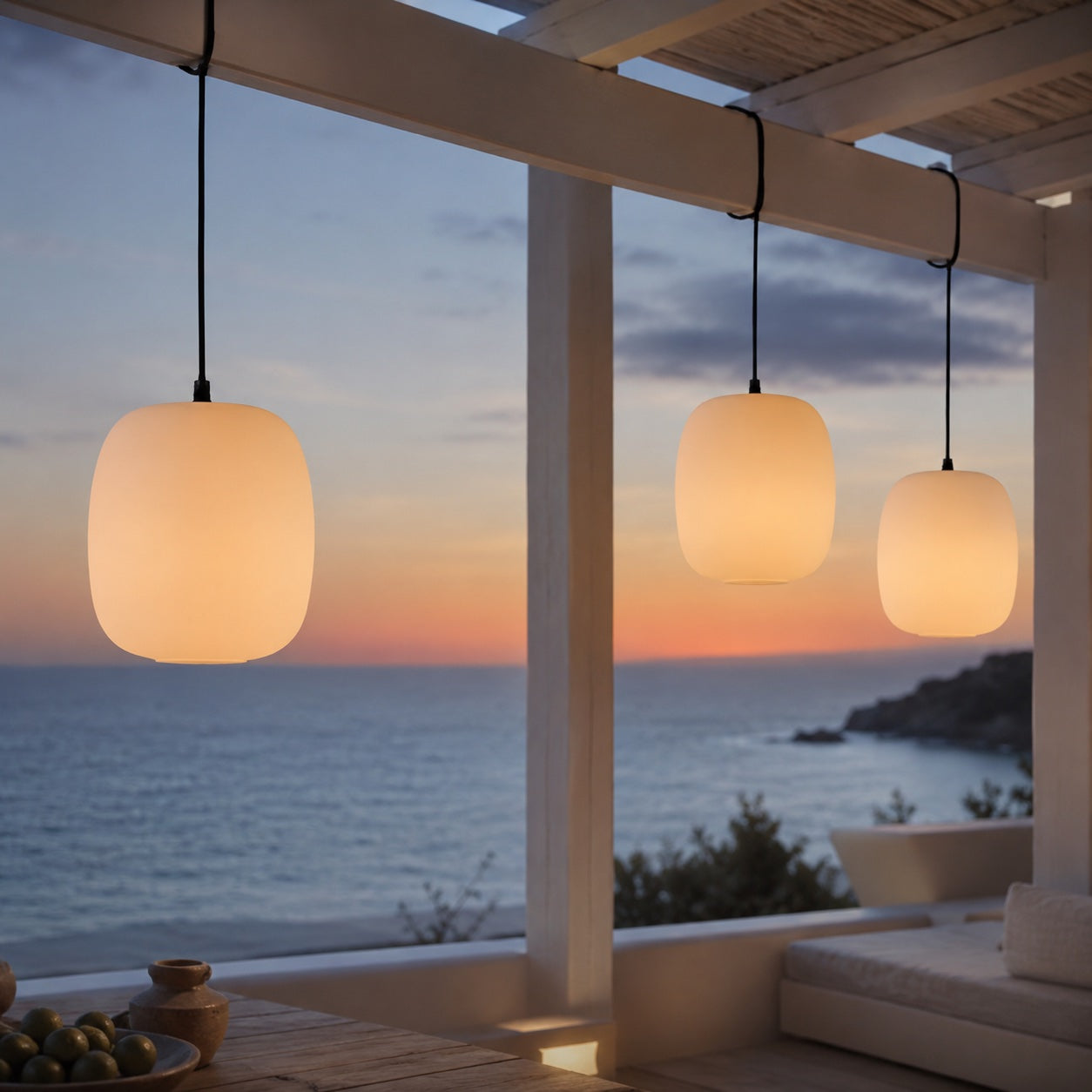 Minimal modern outdoor pendant light for a contemporary exterior patio