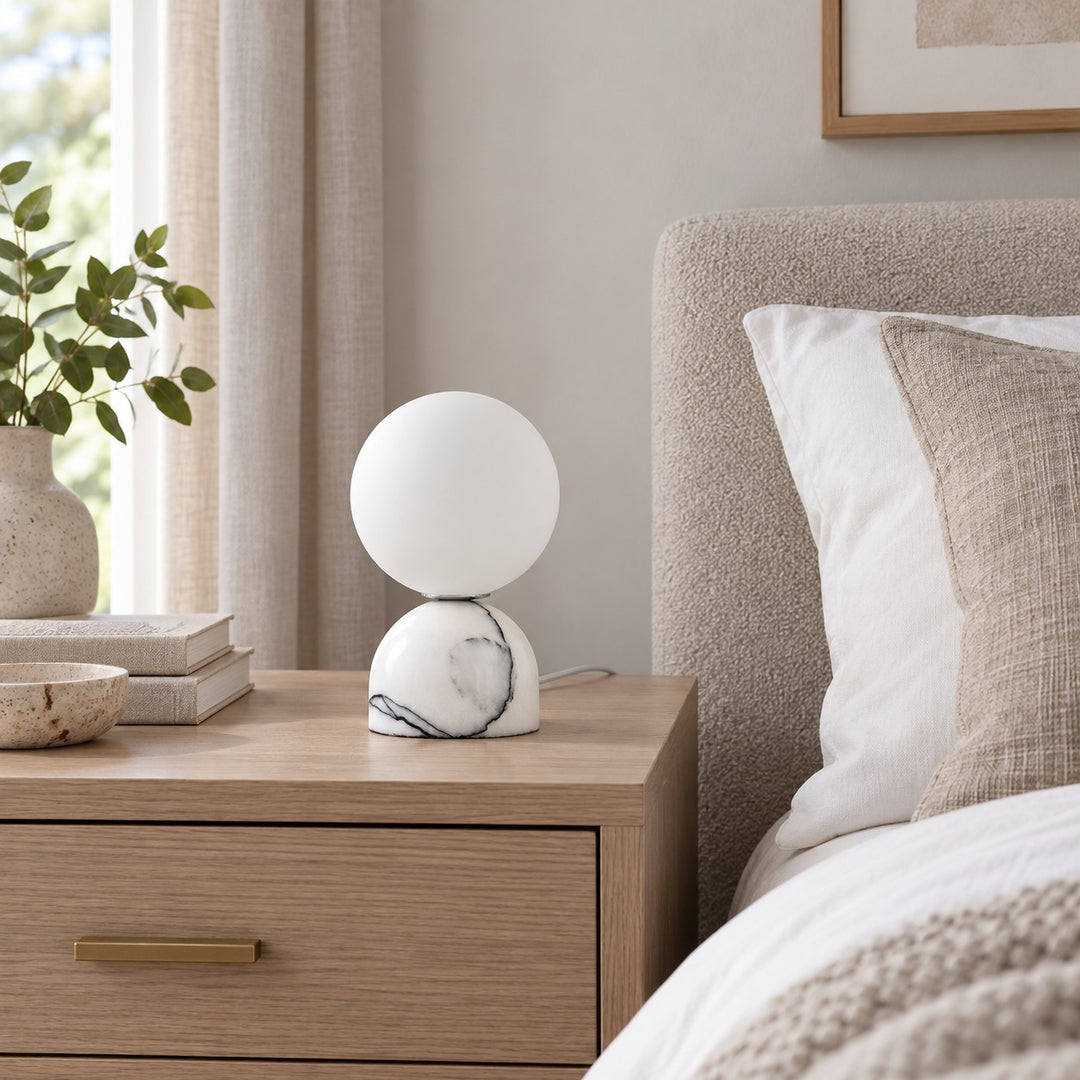 Modern Table Lamp with Marble Base and Glass Shade for Bedroom Nightstand Dimmable Lighting